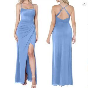 Azazie Kalea Stretch Steel Blue Mermaid Pleated Mesh Dress Size 2